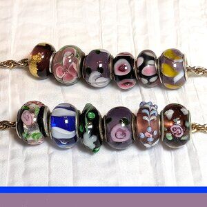 Twelve Blue, purple, pink coloured, Murano Glass Beads, Fits Pandora